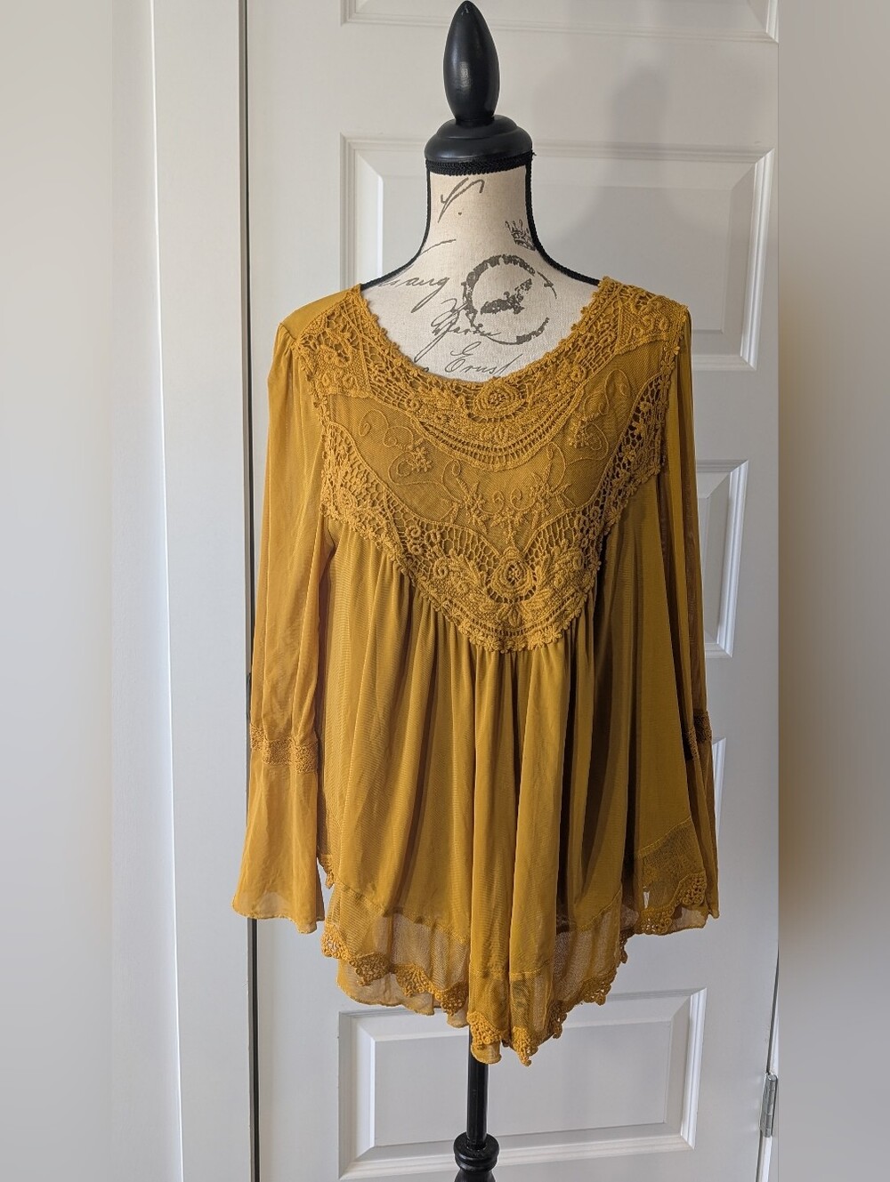 Mustard Crochet Lace Peasant Blouse - Women